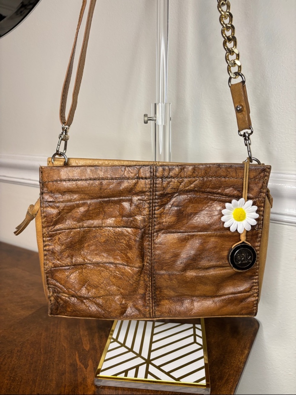 THE SAK distressed brown leather crossbody bag with daisy charm - Picture 3 of 15